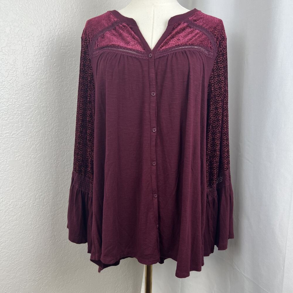 Style Co Top Womens 2X Burgundy Velvet Detail Bell Sleeve Fairy Whimsigoth Boho‎